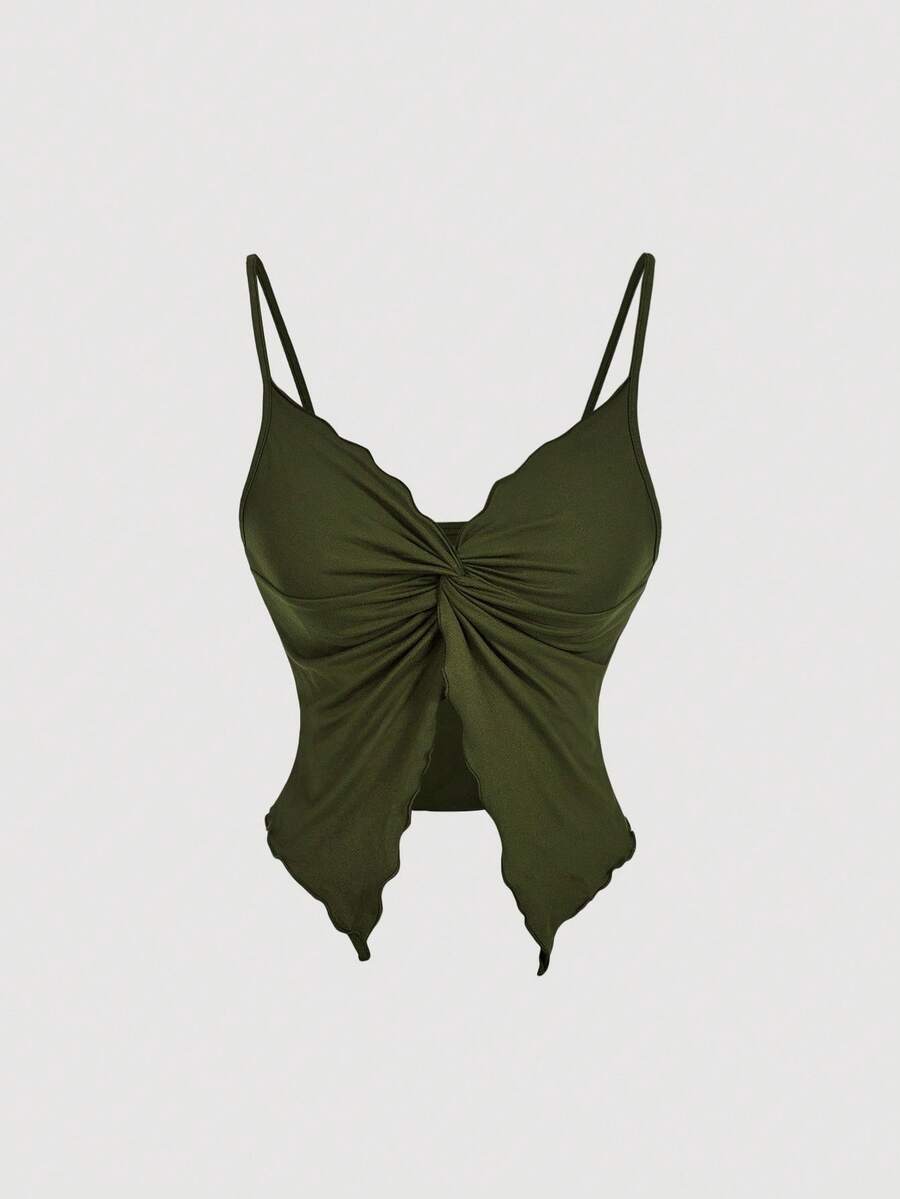 SHEIN MOD Áo không tay chéo trước xoắn cho nữ, Áo dễ thương, Áo hai dây màu xanh quân đội - xanh quân đội - Xem 1