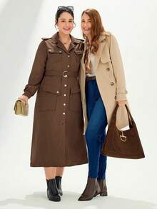 Momelise Veste coupe-vent décontracté pour femmes grandes tailles, veste coupe-vent à manches longues, col cranté, double boutonnage, pour le printemps/automne, polyvalente pour le travail et les loisirs - Kaki - Voir 9