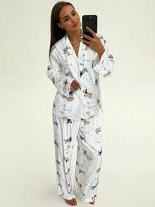 Aloruh 2pcs Women Cartoon Print Long Sleeve Top And Pants Set - Baby Blue - View 6