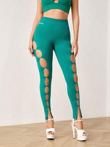 Menodora SHEIN Sport 女士纯色镂空钢管舞运动紧身裤 - 綠色 - 查看 5