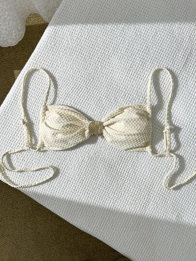 Swim Mod Women Solid Beige Textured Fabric Ocean Shell Decor Bandeau Bikini Top