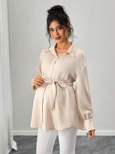 Momance Maternity Turndown Collar Single-Breasted Knotted Waist Casual Versatile Long Sleeve Shirt
