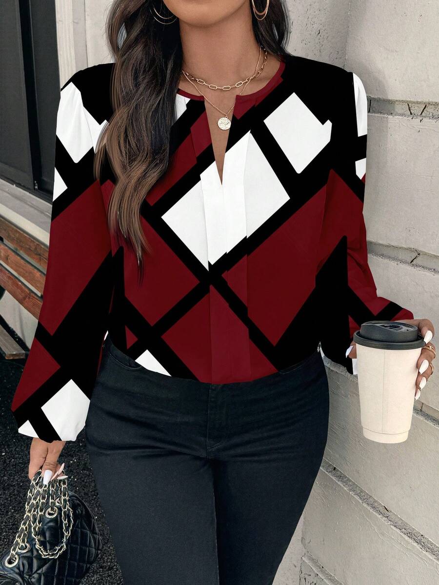 EMERY ROSE 优雅浪漫新年氛围几何印花大码女式衬衫，适合秋冬季节，秋季女式衬衫，外套，女士优雅新年装扮，红色上衣，情人节，派对，春季派对服装 - 彩色 - 查看 1