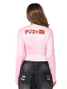 SUMWON WOMEN Tokyo Drift Japanese Racing Motocross Long Sleeve Crop Top With Shirred Elastic Waist Detail - Pink - View 2