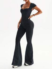 Dewbera 1pc Women's Seamless Washed Matte Sweetheart Collar Butterfly Sleeve Slimming Yoga Exercise Dance Gymnastics Jumpsuit Flare Pants - Black - View 4