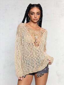 ROMWE Avant Women's Vacation Hippie Sheer Contrast Lace Knit Sweater - Khaki - View 1