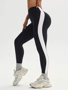 Dewbera Women's Yoga Outdoor Fitness Gym Leggings, Tight Fit With Flattering Wide Stripes - Black - View 1