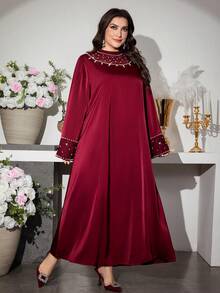 Al Najma Elegant Stand Collar Lace Patchwork Flare Sleeve Dress, Burgundy Kaftan Jalabiya Dress - Burgundy - View 7