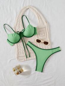 SHEIN Women's Vacation Beach Contrast Trim Swimsuit Set Crochet Bikini Set Crochet Swimsuit Women Knitted Bathing Suit Bikini Set Summer Bikini Set Vacation - Army Green - View 1