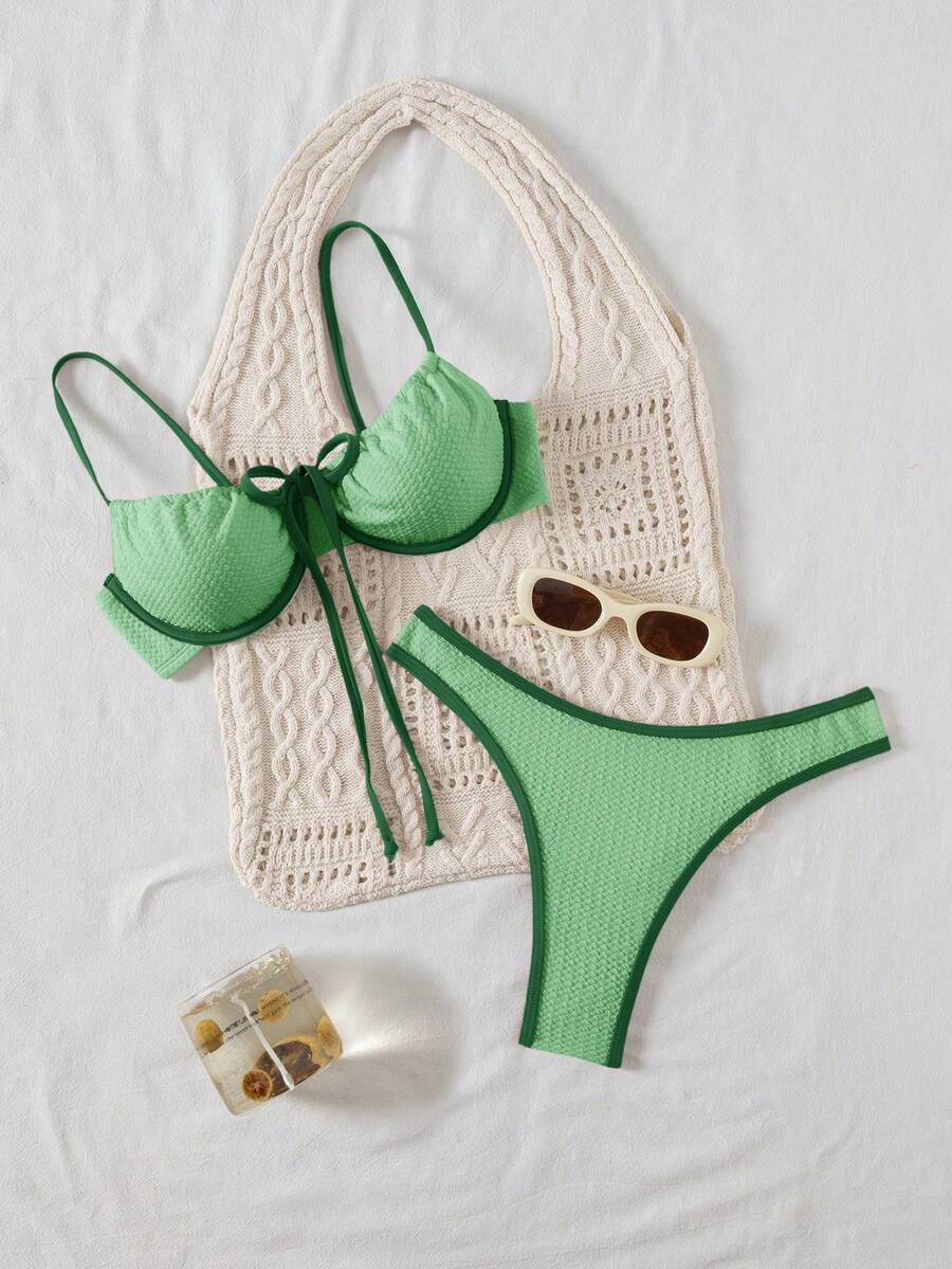 SHEIN Women's Vacation Beach Contrast Trim Swimsuit Set Crochet Bikini Set Crochet Swimsuit Women Knitted Bathing Suit Bikini Set Summer Bikini Set Vacation - Army Green - View 1