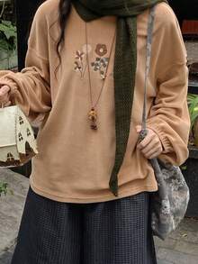 FRIFUL 女士休闲花卉刺绣落肩T恤，适合度假和通勤穿着。 - 棕色 - 查看 3