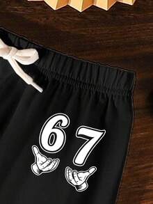 2pcs/Set Boys 67 Numeric Element Graphic Print Casual Fashion Comfortable Black Round Neck T-Shirt & Pants Set - Multicolor - View 5