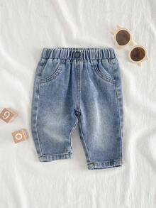 Vintaside Kids 乡村风新生儿牛仔裤，经典水洗蓝+假口袋+全弹力腰带，方便穿脱+前腰纽扣设计，复古风格+宽松舒适，适合日常外出、旅行和休闲散步。 - 藍色 - 查看 1