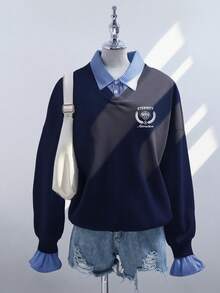 少女字母印花条纹拼接衬衫领二合一长袖休闲卫衣 - 藍色 - 查看 3