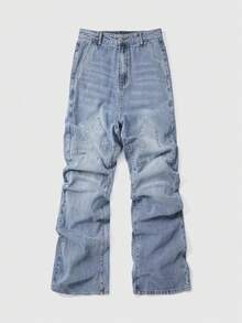 ROMWE MEN Men's Casual Washed Cross Embroidered Denim Jeans - Blue - View 1