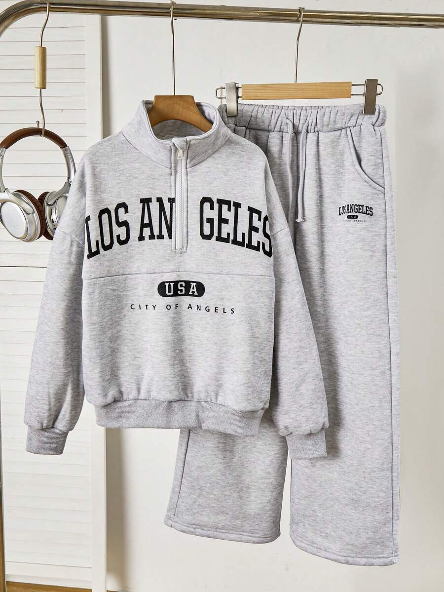 1. 立领半开襟印花下摆袖口休闲上衣，配腰部抽绳印花裤腿休闲裤，两件套西装，适合返校、休闲外出，可搭配棉服、秋冬外套 - 灰色 - 查看 1