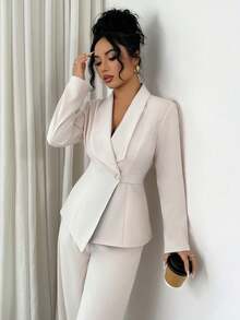 Elenzga petite 女士橄榄绿色厚面料 V 领翻领腰部扣设计西装外套和阔腿裤套装，宽松版型，职业装，适合感恩节、万圣节，优雅时尚秋季新款两件套 - 杏色 - 查看 4