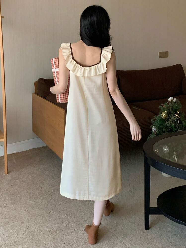 Women's Bear Print Ruffle Collar Nightgown Sleepwear Dress