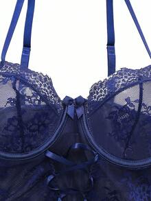 SHEIN Sexig, rynkad spets med kontrasterande spets för kvinnor, bygel, sömnadsklänning med knytband och trosor, 2 st/set, för utekvällar - Marinblå - Visa 3