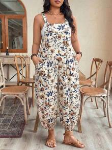 EMERY ROSE Plus Size Women's Adjustable Waist Printed Jumpsuit, Fashionable For Spring/Summer Vacation - Apricot - View 1