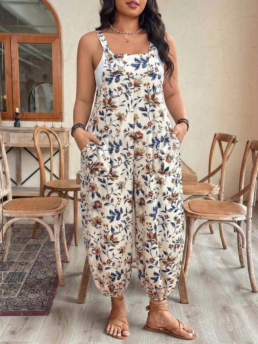 EMERY ROSE Plus Size Women's Adjustable Waist Printed Jumpsuit, Fashionable For Spring/Summer Vacation - Apricot - View 1