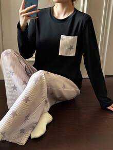 Dream Adore 条纹星形印花宽松睡衣套装，带口袋，柔软磨毛针织长袖上衣和裤子 - 彩色 - 查看 4