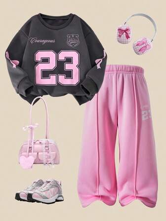 Casuvi Kids 2pcs/Set Girls Casual Fleece California 23 Graphic Long Sleeve Sweatshirt And Pants Set, Autumn/Winter
