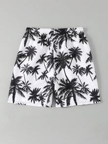 SHEIN 青少年男孩夏威夷印花沙滩短裤、泳裤,度假时尚休闲,适合游泳、夏季假期、海滩和海边活动、泳池夏季派对、休闲度假。男士棕榈树图案白色泳裤,印花短裤。 - 黑與白 - 查看 3