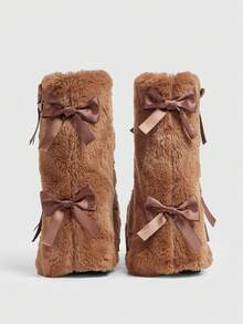 Sugerpunk 女士人造毛皮蝴蝶结装饰厚底中筒靴 - 棕色 - 查看 6