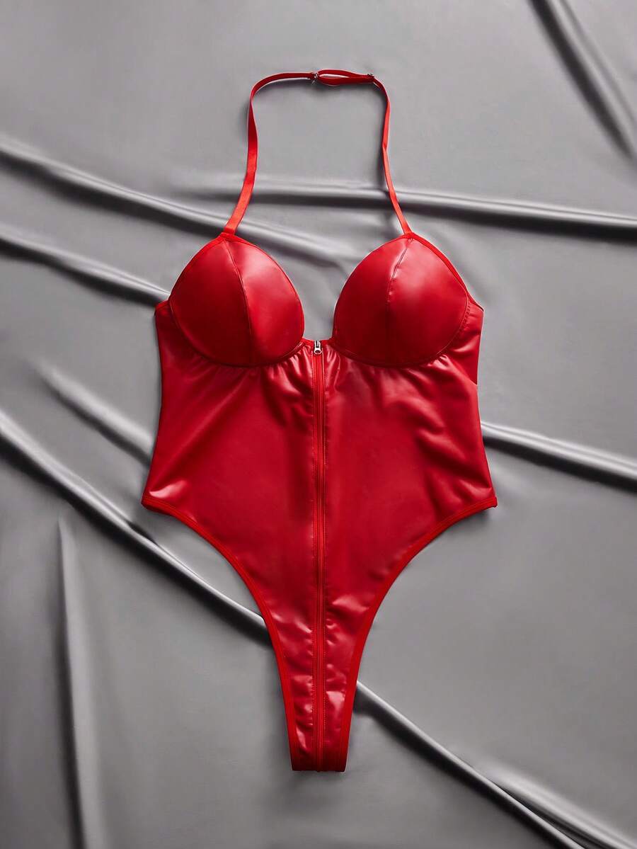 EmpressEnvy Plus Size Sexy Y2K Red Zipper Crotch Criss-Cross PU Patchwork Bodysuit, Suitable For Party, Vacation, Music Festival, Club - Red - View 1
