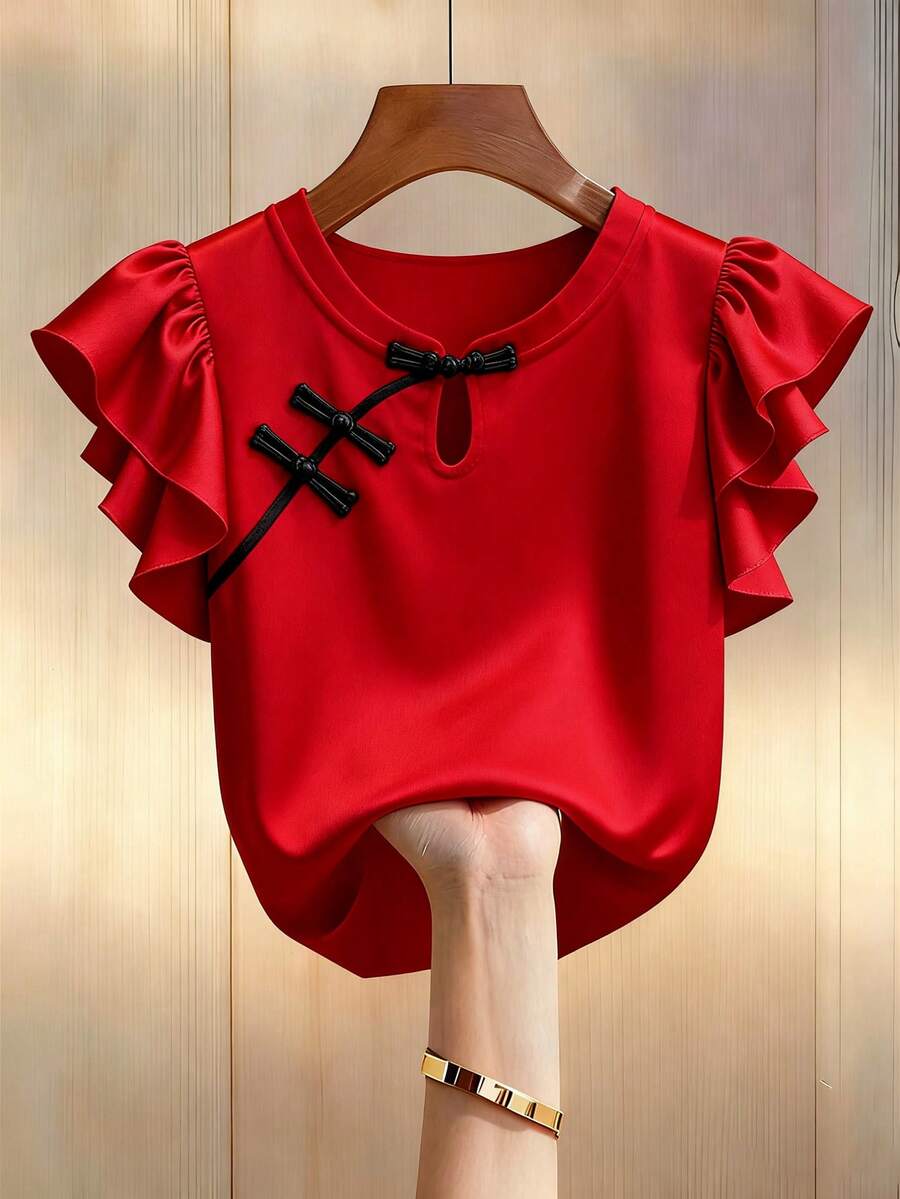 Franclia 女士休闲衬衫，荷叶边装饰，适合新年派对 - 紅色 - 查看 1