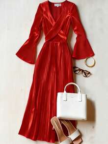 SHEIN LUNE Vestido elegante de manga larga con pliegues de tela brillante y cruzado para mujer, ideal para vacaciones - Burdeos - Ver 1