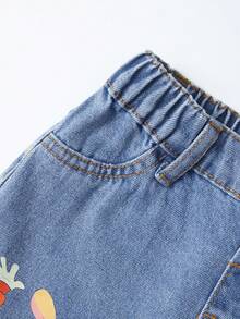 SHEIN Playful Pals Quần jean ống đứng dáng rộng màu xanh nhạt họa tiết động vật dễ thương dành cho bé gái mới biết đi, phù hợp mặc hàng ngày và mùa tựu trường - Rửa trung bình - Xem 4