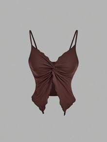 SHEIN MOD 女士纯色扭纹设计开摆性感吊带背心 - 棕色 - 查看 5
