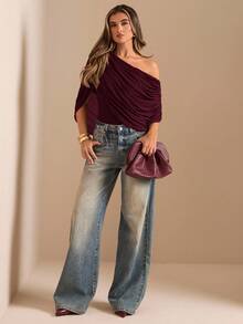 SHEIN BAE 秋冬季纯色棕色/咖啡色露肩褶皱修身优雅连体衣，修身优雅显瘦连体衣，垂褶上衣 - 紫紅色 - 查看 7