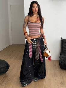 Coolane Casual Women Outfits Spring/Summer Streetwear Casual Going Out Y2K Vintage Pink Striped Camisole Knit Regular Fit Women Top Summer Outfits For Women  Beach Outfit Summer Holiday Outfits