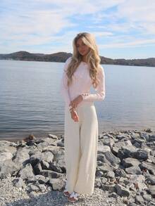 Sydney Algeri 女士休闲优雅学院风百搭白色圆领麻花针织纽扣装饰修身毛衣，秋冬针织毛衣 - 粉色 - 查看 6