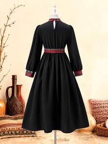 Tween Girl Traditional Vintage Geometric Print Patchwork Dress - Multicolor - View 2