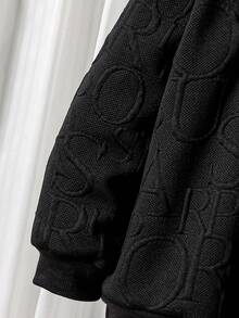 Young Boy Black Letter Textured Fleece & White Woven Fabric Splice,2 In 1 Sweatshirt,Korean Fashion,Autumn,Career Day,Back-To-School,Leather Patch - Black - View 6