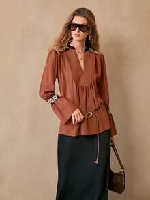 Florisole 女士波西米亚风休闲雪纺宽松拼接蕾丝边棕色衬衫，春秋季 - 棕色 - 查看 3