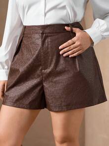 SHEIN Clasi Quần short da PU dập nổi dáng rộng, cạp cao, có túi, dành cho nữ cỡ lớn, thích hợp cho mùa đông, Giáng sinh và năm mới. - màu nâu - Xem 10