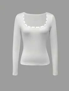 Jouncy 女士方领罗纹铆钉装饰修身休闲通勤长袖上衣 - 白色 - 查看 3