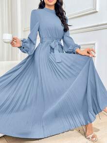 Modelyn Mock Neck Long Lantern Sleeve Pleated Hem Belted Modest Dress Long Evening Dresses