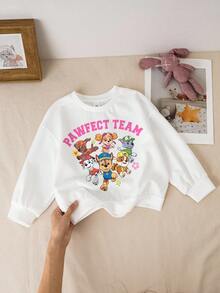 SHEIN | PAW Patrol Young Girl Casual Everyday Commute Cute Cartoon Dog & Letter Graphic Dropped Shoulder Loose White Crew Neck Sweatshirt, Spring/Autumn - White - View 7