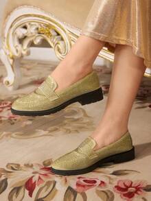 CUCCOO TILAWA Women's Fashion Commuter Rhinestone Loafer Flats For Christmas - Gold - View 4