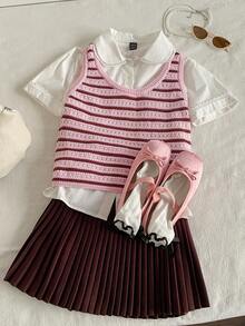 SHEIN Unity Top sin mangas de punto a rayas con estilo universitario vintage, primavera/verano - Rosa - Ver 7