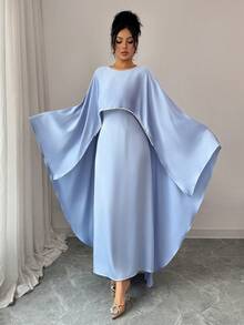 Rafferiza Women's Elegant Solid Color Faux Pearl Trim Cloak Shawl Style Maxi Dress, Muslim Abaya, Baby Blue, Suitable For Wedding Guests, Formal Occasions, Gentle And Graceful Style Elegant Women's Long Blue Fabric Dress With Asymmetrical Cloak Sleeves And Shining Pearl Detail Scoop Neck - Blue - View 6