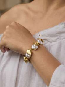 Opalesca 1 Pc Fashionable Starfish & Shell Asymmetric Pearl Bracelet For Women, Outfits, Old Money, Wedding/Bridal Accessories, Fairycore/Fairy, Pearl, Metallic/Texture, Fall/Autumn/Winter, Elegant, For Mom/Women/Girl/Mother, Premium, Vintage, Layered - Gold - View 1