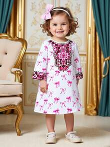 1pc Infant Girls' Pink Bow Print Loose Ramadan Robe, Printed Collar Robe - Pink - View 7