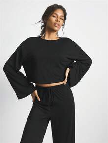 Ocili 两件套舒适柔软竹纤维针织圆领长袖上衣和裤子女士睡衣套装，适合夏季、秋季和冬季穿着 - 黑色 - 查看 4